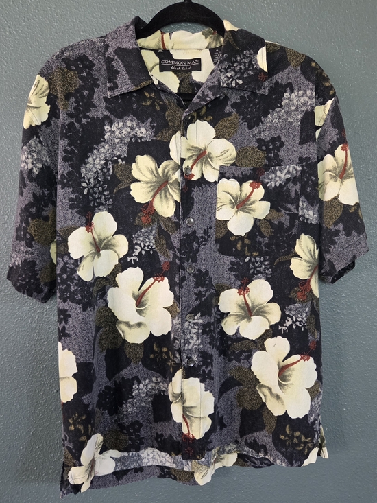 Common man Other - Common Man Black Label Men's 100% Silk Hawaiian Shirt - Black Hibiscus Floral